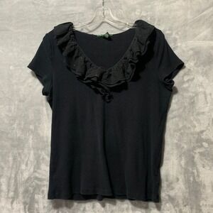 Lauren Ralph Lauren Women's Large Black Cotton Ruffle Trim Blouse Boho Preppy